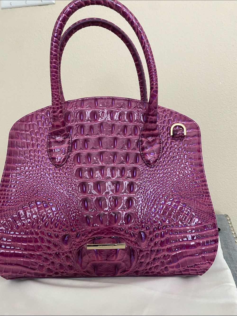 Brahmin Croc-Embossed Patent Satchel in Magenta